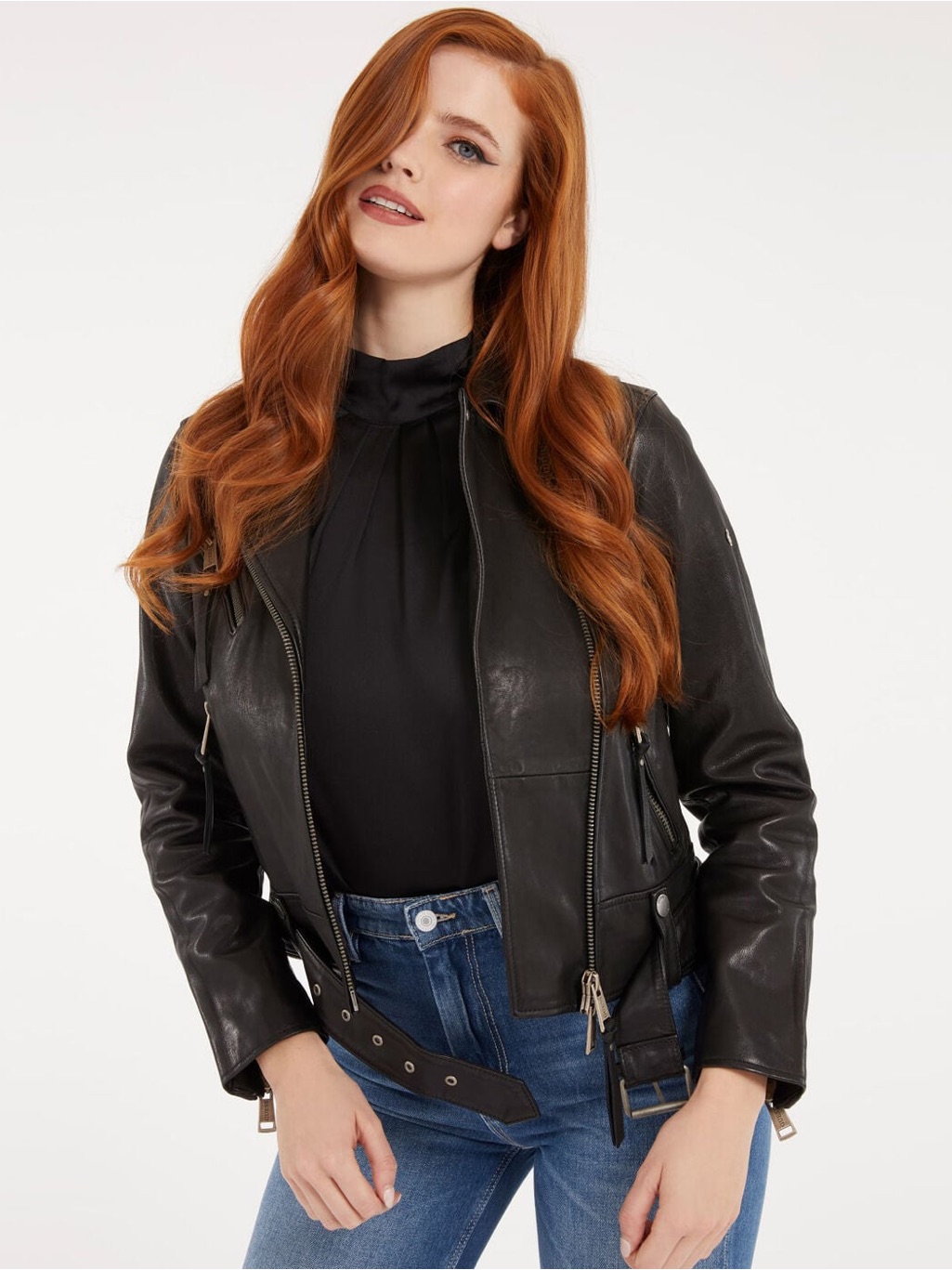 Guess Camille Black Leather Moto Jacket With Belt